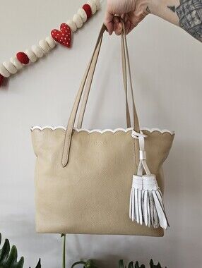 Isaac Mizrahi IMNYC Cowhide Leather Tote Scalloped Edge Tassels, With Coin Purse